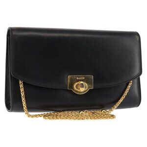 Authentic BALLY Chain Shoulder Bag Leather Black Gold